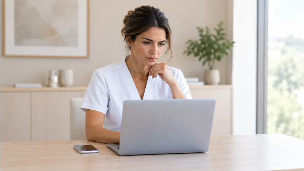 Esteticista revisando auditoría con detenimiento